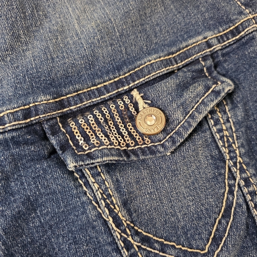 Amethyst Jeans Distressed Crop Denim Jean Jacket Women’s XL Blue Stretch Sequins - Picture 3 of 12